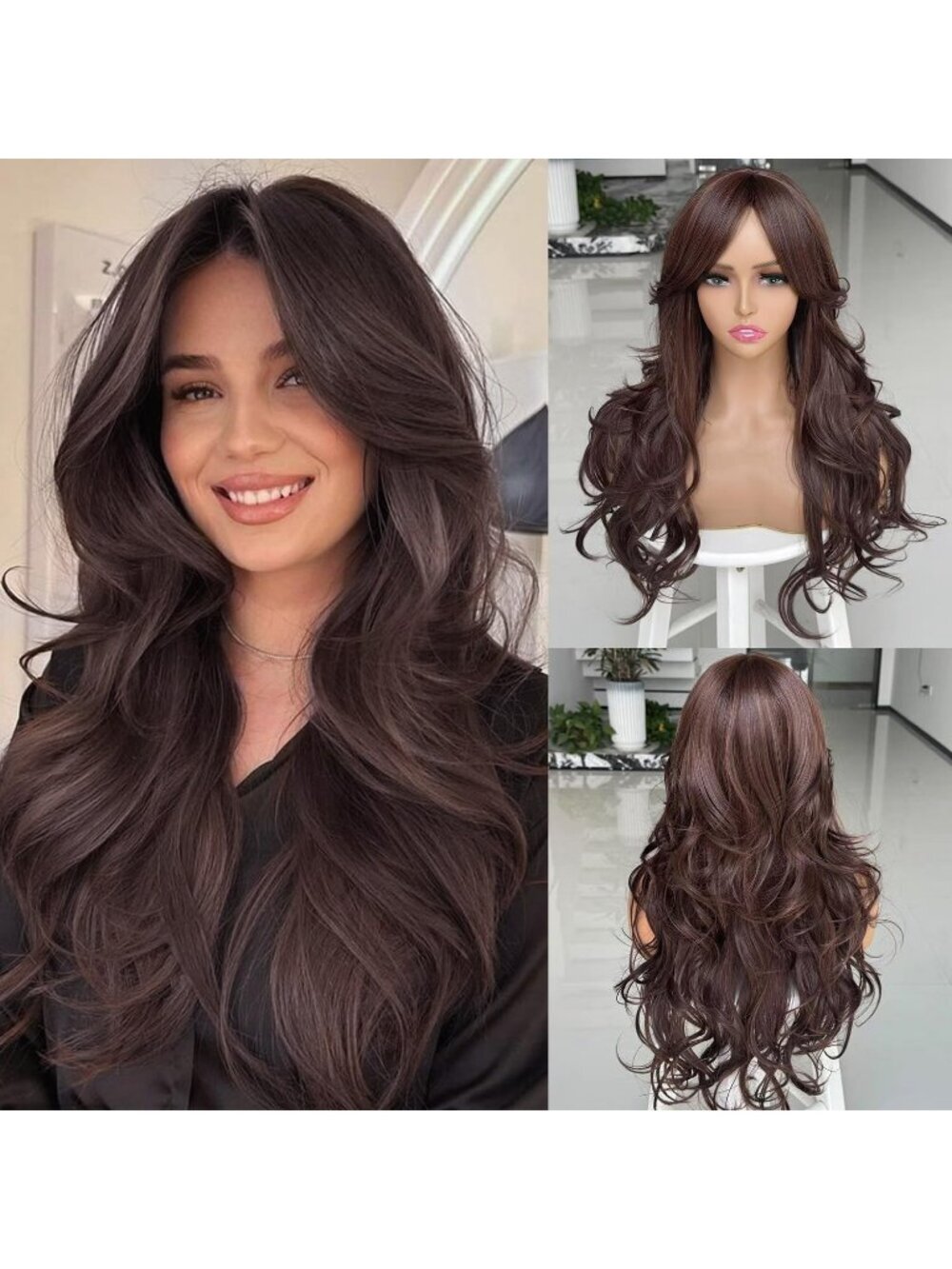 Women's Dark Brown Long Blonde Wavy Synthetic Platinum Layered Classic Wigs